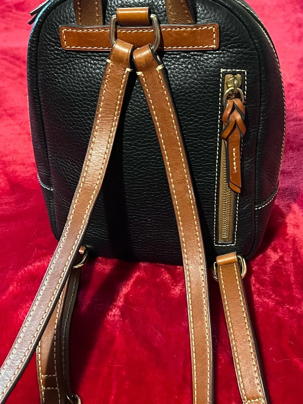 Dooney & Bourke Black Pebbled Leather Mini Backpack with Brown Trim